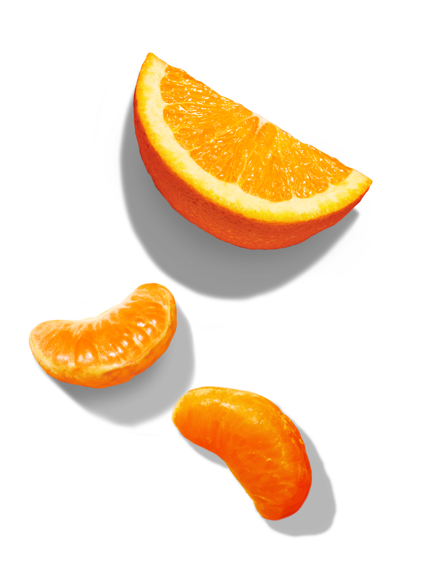 One sliced mandarin orange with two peeled mandarin oranges